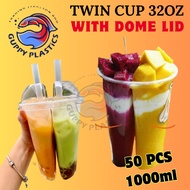 HORNBOY PP TWIN CUP 32OZ WITH DOME LID 50PCS / PLASTIK CUP KEMBAR 32OZ/32OZ 2COMPARTMENT PLASTIC CUP