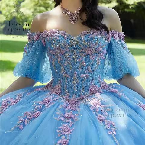 Bloom Glittering 3D Flower Lace Birthday Party Customized Blue Ball Gown Quinceanera Dresses Cindere