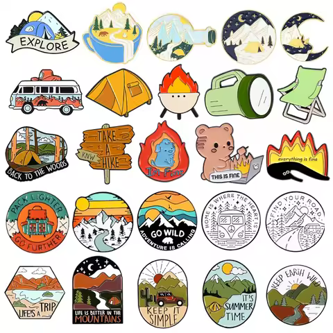 Outdoor Adventure Enamel Brooch Compass Scenic Mountain Camping Shoes Flame Rainbow Camera Wildernes
