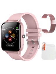 1入组女士男士粉色矽膠錶帶運動型活動觸摸屏健身追踪器帶心率監測方形智能手錶和1入组錶帶用於日常裝飾