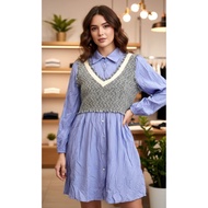 Tweed Dress Blue Longsleeve Dress, XS-L
