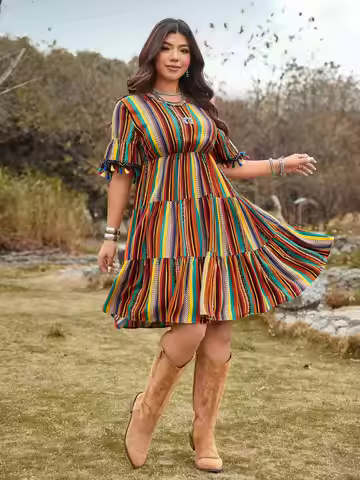 Women's Plus Size Ethnic Color Stripe Tiered Dress, Fringe Flare Sleeve Waist Swing Mini Dress, Boho