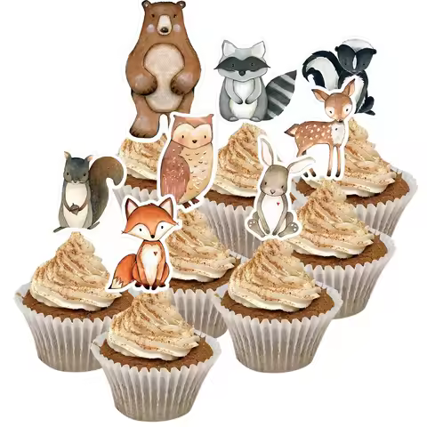 24pcs Woodland Animal Topper Cartoon Deer/Fox/Bear Cupcake Topper For Woodland Themed Animal Birthda