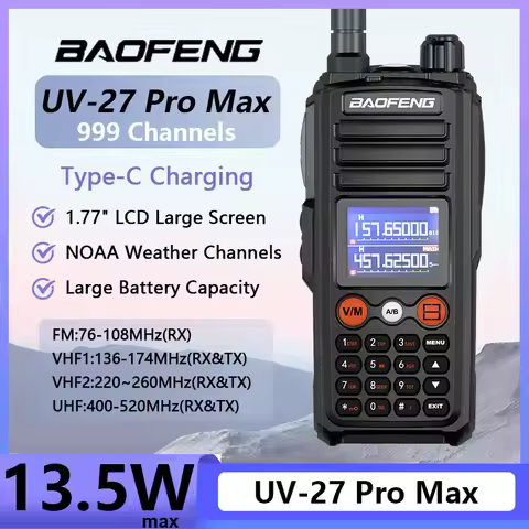 Baofeng UV-27 Pro Max Walkie Talkie 3-Band USB-C Charging High Power FM Radio NOAA 999 Channel Two W