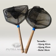 Serokan / Seser Jaring Ikan Kain Strimin Bahan Nylon Model Bulat Dan Segilima Gagang Kayu Super Kuat