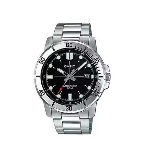 Casio MTP-VD01D-1E men's sports watch with black dial, 45mm stainless steel case, triple-fold buckle