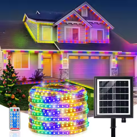 Solar Light Strip Outdoor, IP68 Fully Waterproof LED Strip Lights with Timer Remote Auto ON/Off, Str