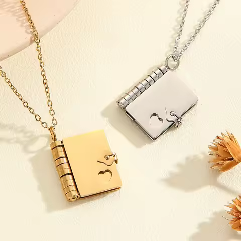 1Pcs 18K Plated Stainless Steel Simple High-End Openable Couple Book Pendant Necklace