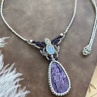 N293 民族風 南美蠟線編織 紫龍晶 月光石 銀珠 項鍊 (可調長度)