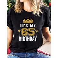 Women s 65th Birthday T Shirt Casual Crew Neck Top with Geometric Crown Applique Lightweight Knit F