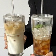 1pc,Striped Glass Cup With Straw And Lid - 20.29oz/600ml, Visually Appealing Glass Drinking Tumbler 