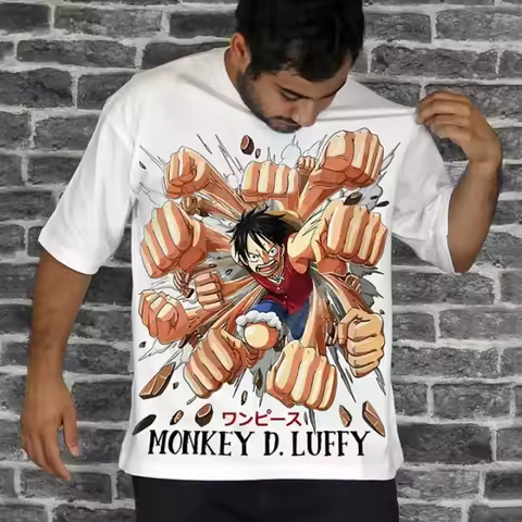 Summer 2026 One Piece Munchie D. Luffy "Rubber Machine Gun" Theme 100% Cotton Print Loose T-shirt fo
