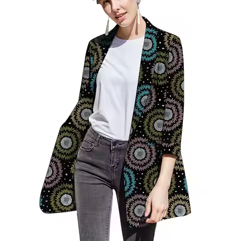 Elegant Women's Ankara Blazer African Couture 3/4 Sleeve Shawl Collar Long Jacket Abstract Printed O