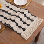 100% Cotton Black And Beige Woven Color-blocking Table Runners Strip Diamond Lattice Table Runners G