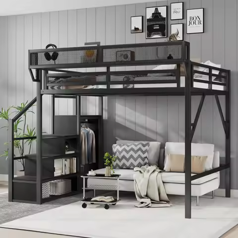 Queen Size Loft Bed with Stairs, Metal Queen Loft Bed with Storage Shelves, High Loft Bed with Wardr