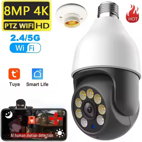 8MP 5G TUYA WiFi Bulb Camera E27 CCTV Outdoor Night Vision 3MP Security Video Bulb Surveillance TUYA
