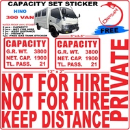 HINO 300 VAN CAPACITY STICKER SET NOT FOR HIRE PRIVATE KEEP DISTANCE DIESEL
