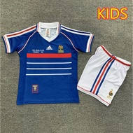 Kids Kit 1998 Retro France Home Children’s Football Jersey Set ZIDANE Football Jersey Set