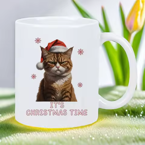 Festive Feline Ceramic Mug with Grumpy British Shorthair & Santa Hat - Tabby Design, "It's Christmas