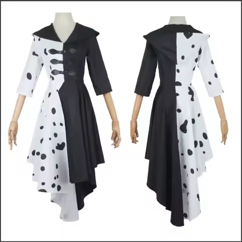 Women Cruella Dress Clothes Cruella De Vil Cosplay Gown Black White Maid Dress Wig Outfits Halloween