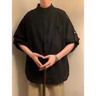 軍綠色無領襯衫男 純棉新中式國風漢服唐裝中山裝外套 七八分袖夏季 香港直送