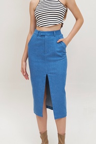 Wclothes Jender Skirt กระโปรงยีนส์ทรงดินสอ เอวสูง ตะขอป้าย ผ่าชายด้านหน้า ผ้ายืดได้เล็กน้อย ใส่สบายม