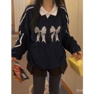 Spring 2026 Retro Contrast Color Lapel Bow Knot Sweater