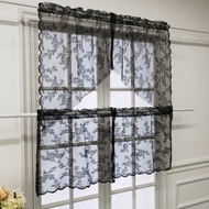 1 Set Black Lace Sheer Flower Roman Short Curtain For Kitchen Window White Grid Embroidered Floral Pattern Half Curtain Cafe Hotel Study Small Window Rod Pocket Top Drapery