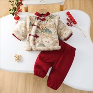 Girls Button Cheongsam Dress New Year's Dress Winter New Style Fashion Girl Baby Thickened Hanfu Tan