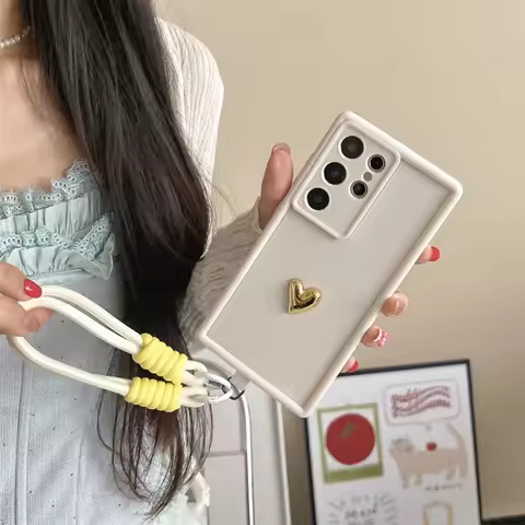 Silicone Soft Phone Case 3D Gold Heart Love Wrist Strap For Samsung Galaxy S25 Ultra S23 S22 Plus S2