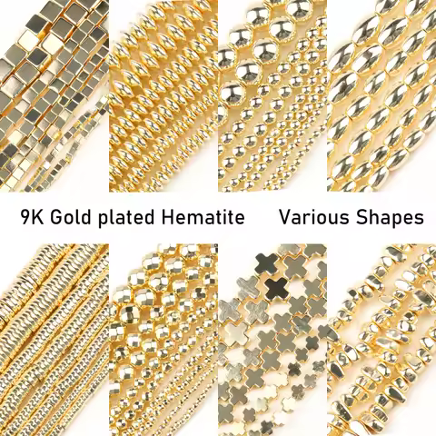 Natural 9k Gold Plated Hematite Beads Irregular Round Heart Cube Rondelle Spacer Beads For Jewelry M