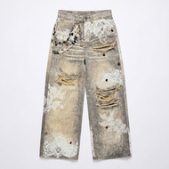 Wide Leg Distressed Denim Jeans Grey Beige Vintage Wash Lace Print Grunge Streetwear Pants