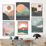 Abstract Geometric Sunrise Mountain Seasapce Birds Poster Boho Canvas Painting Wall Art Print Picture Living Room Interior Decor