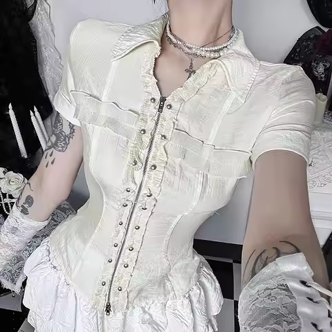 Women Dark Style Gothic Blouses Summer Short Sleeve Blouse Woman Blouse Shirt Gothic Elegant Work Sh