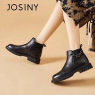 JOSINY/卓詩尼正品秋冬新款女靴 韓版帥氣平底短靴時尚加絨切爾西靴真皮瘦瘦時裝靴 全新庫存清倉 挑戰最低價