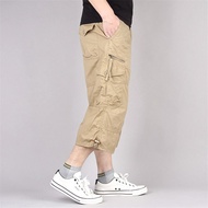 FGHJ TOP★Long Length Cargo Shorts Men Summer Multi-Pocket Casual Cotton Elastic Capri Pants Men Mili