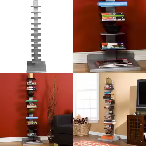 Metal Spine 11-Tier Bookcase Tower - Silver Finish, Space-Saving Storage Solution for Home or Office