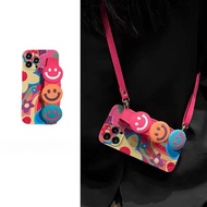 Colorful Smiley Case For Iphone 14 13 Pro Max Wrist Strap Apple 12 11 Pro Max Case INS Style Apple 13 Pro 14 Pro Casing Leather Rope Iphone 14 13 12 Phone Case