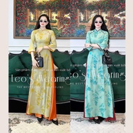 DB14 LEOSWEARING Brocade silk ao dai with button collar, blue half sleeves and red silk pants