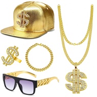 5Pcs Hip Hop Costume Kit 80s 90s Rapper Accessories Set Gold Rapper Hat Baseball Cap Punk Sunglasses