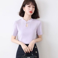 White Collar Girdear New Cheongsam Frog Button Ice Silk Sweater 2023 Summer Women's Fashion Fashion Chinese Style T-shirt Top