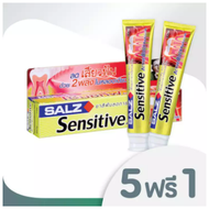 [5 ฟรี 1] Salz Sensitive ยาสีฟัน ลดอาการเสียวฟัน ซอลส์ เซนซิทีฟ สูตรแอคทีฟบลอค พลัส อลูมินัมแลคเตท 160 กรัม (กล่องสีทอง)