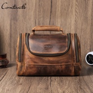 CONTACTS Genuine Leather Men Cosmetic Bags Vintage Tote Toiletry Bag Portable Wash Bags Make Up Bags