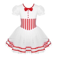 Kids Short Lace Sleeves Striped Figure Skating Dress Gymnastics Leotard Girls Performance Dance Costume