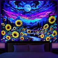 Dermijer Blacklight Moon Sunflower Tapestry Starry Night Mountian UV Reactive Wall Hanging Tapestrie