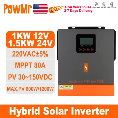 PowMr 1KW 1.5KW Hybrid Solar Inverters 24V 12V to 220V Pure Sine Wave With 80A MPPT Solar Charge Con