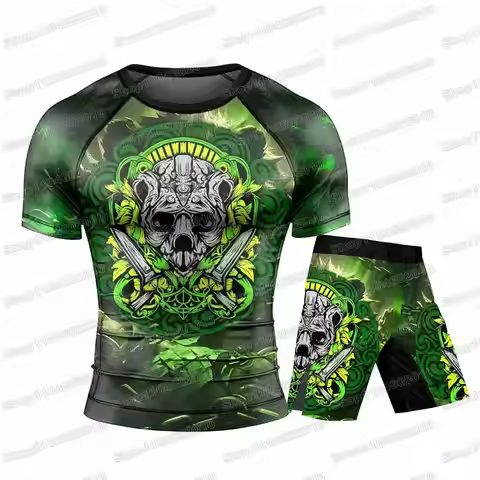 Golden Panda Skull Rash Guards Surfing Jersey Beach Shirts Swimwear Diving Gym Shorts MMA BJJ Men Ji