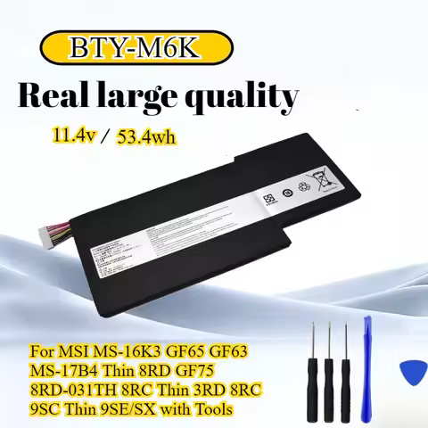 BTY-M6K Laptop Battery For MSI MS-16K3 GF65 GF63 MS-17B4 Thin 8RD GF75 8RD-031TH 8RC Thin 3RD 8RC 9S