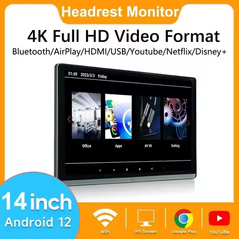 13.3/14'' Dual HDMI 2G+32G/4G+64G/8G+128G Car Headrest Monitor Display IPS Android 12 Touch Screen F