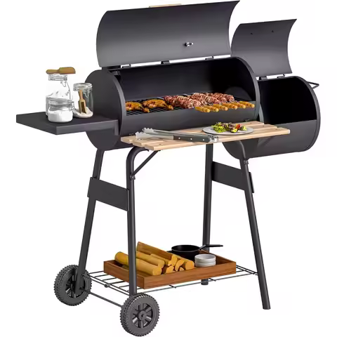 Portable 48-Inch Steel Charcoal BBQ Grill with 232 Sq. In. Cooking Area and Storage Shelf for Outdoo